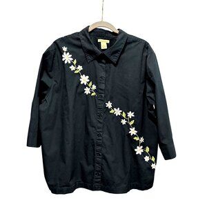 Bechamel Floral Embroidered Black Button-Up Cotton Shirt Womens Plus Size 2X